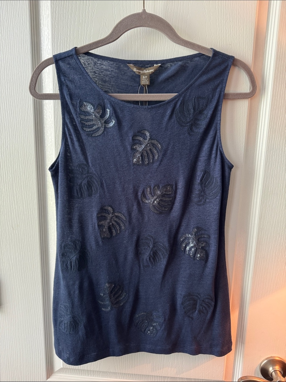 Tommy Bahama Navy Embellished Sleeveless Linen Tank Navy S